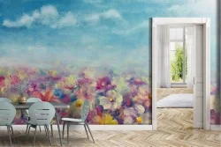 Carta da Parati Dipinti e Acquerelli Foglie e Fiori Prati e colline