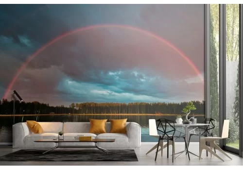Carta da Parati foresta sul lago con arcobaleno paesaggio
