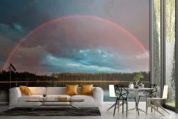 Carta da Parati foresta sul lago con arcobaleno paesaggio