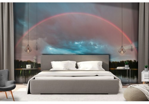 Forest on the lake with rainbow landscape wallpaper 2