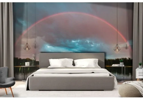 Forest on the lake with rainbow landscape wallpaper 2