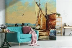 Wallpaper painted art fishermen on the sea painting