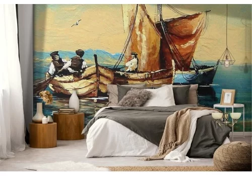 Carta da Parati dipinto arte pescatori sul mare quadro 2