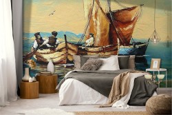 Wallpaper painted art fishermen on the sea painting