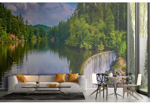 Wallpaper waterfall in the forest nature landscape