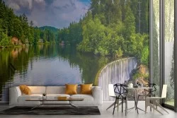 Wallpaper waterfall in the forest nature landscape