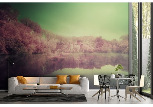 Wallpaper forest on the lake pink trees