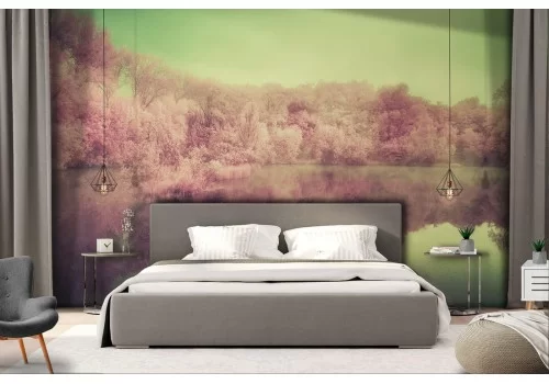 Carta da Parati bosco sul lago alberi rosa 2