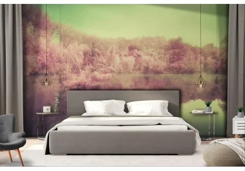 Wallpaper forest on the lake pink trees 2