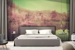 Carta da Parati bosco sul lago alberi rosa