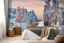 Carta da Parati montagna alberi neve paesaggio