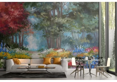 Carta da Parati bosco fiorito dipinto quadro arte natura