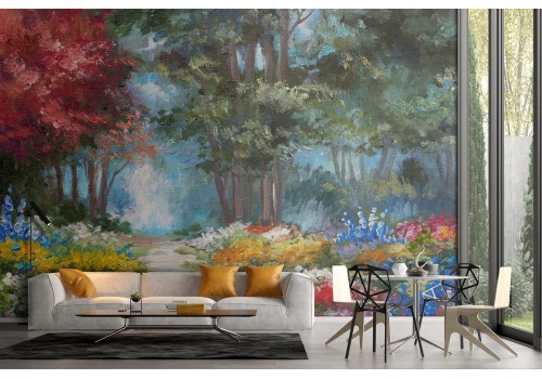 Flowering forest wallpaper painted art nature picture