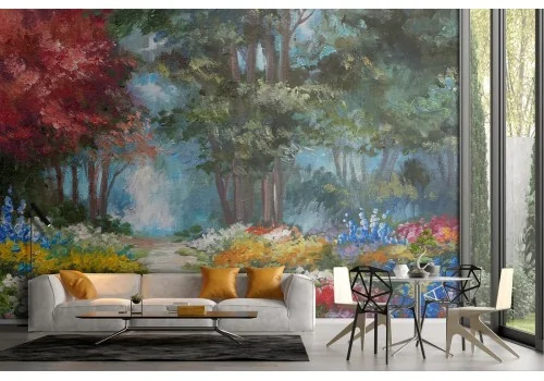 Flowering forest wallpaper painted art nature picture