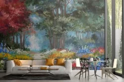 Carta da Parati bosco fiorito dipinto quadro arte natura