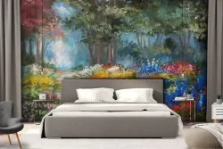 Carta da Parati bosco fiorito dipinto quadro arte natura