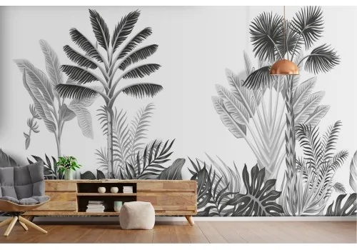 Tropical forest plants wallpaper in black and white