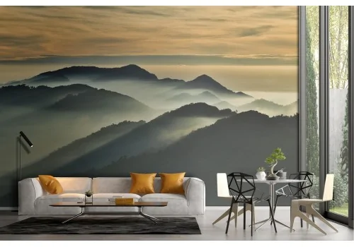 Wallpaper mountains in the fog with trees landscape