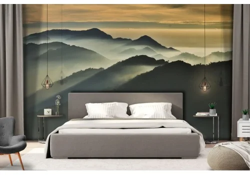 Wallpaper mountains in the fog with trees landscape 2