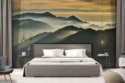 Wallpaper mountains in the fog with trees landscape