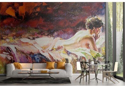 Wallpaper woman on bed painted art