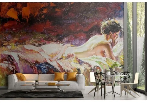 Wallpaper woman on bed painted art
