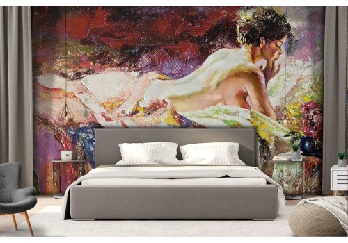 Wallpaper woman on bed painted art 2