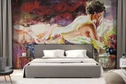 Wallpaper woman on bed painted art