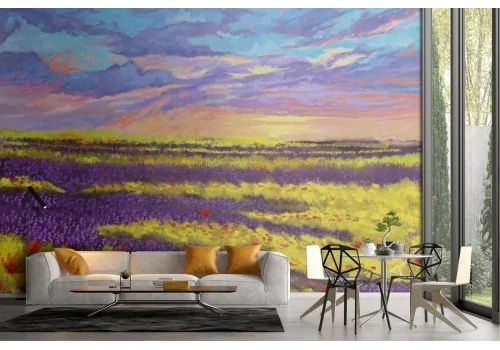 Wallpaper painted landscape blooming field