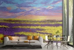 Wallpaper painted landscape blooming field