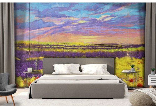 Wallpaper painted landscape blooming field 2