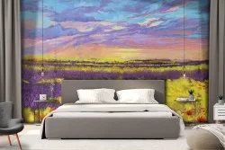 Wallpaper painted landscape blooming field