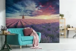 Carta da Parati paesaggio prato fiori con mulino