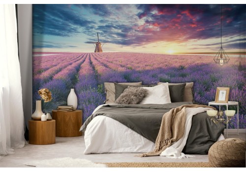 Wallpaper landscape meadow flowers with windmill 2