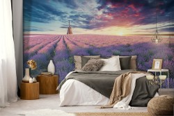 Wallpaper landscape meadow flowers with windmill