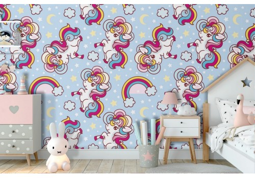 Wallpaper decoration for children unicorns and rainbows.