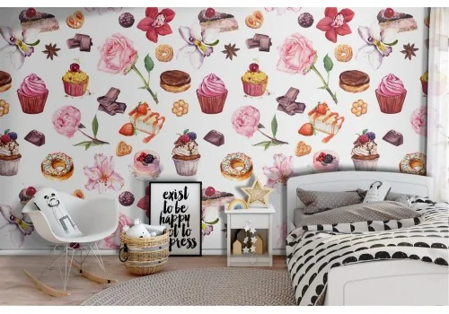 Wallpaper pattern with flowers and sweets.