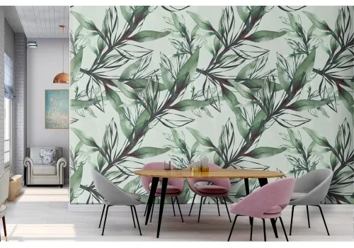 Carta da Parati pattern foglie verdi stilizzate.