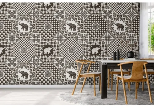 Wallpaper pattern squares and elephants.