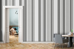 Grey and white striped wallpaper.