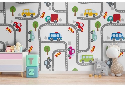 Wallpaper pattern with cars and road design.