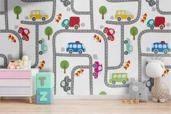 Wallpaper pattern with cars and road design.