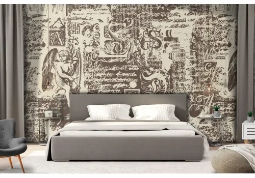 Vintage wallpaper with writings and angels.