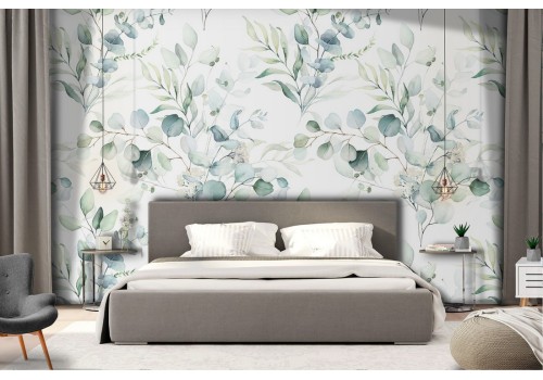 Carta da Parati piante e fiori celesti.