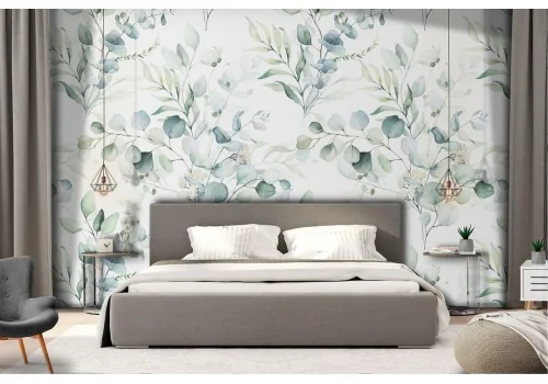 Carta da Parati piante e fiori celesti.