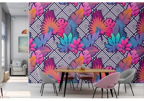 Wallpaper with abstract geometries and leaves.