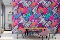 Wallpaper with abstract geometries and leaves.