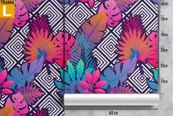 Wallpaper with abstract geometries and leaves.