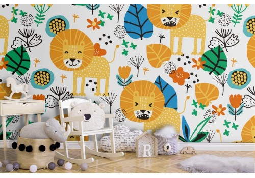 Children's wallpaper with stylized lions.