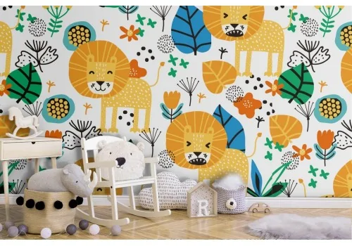 Children's wallpaper with stylized lions.